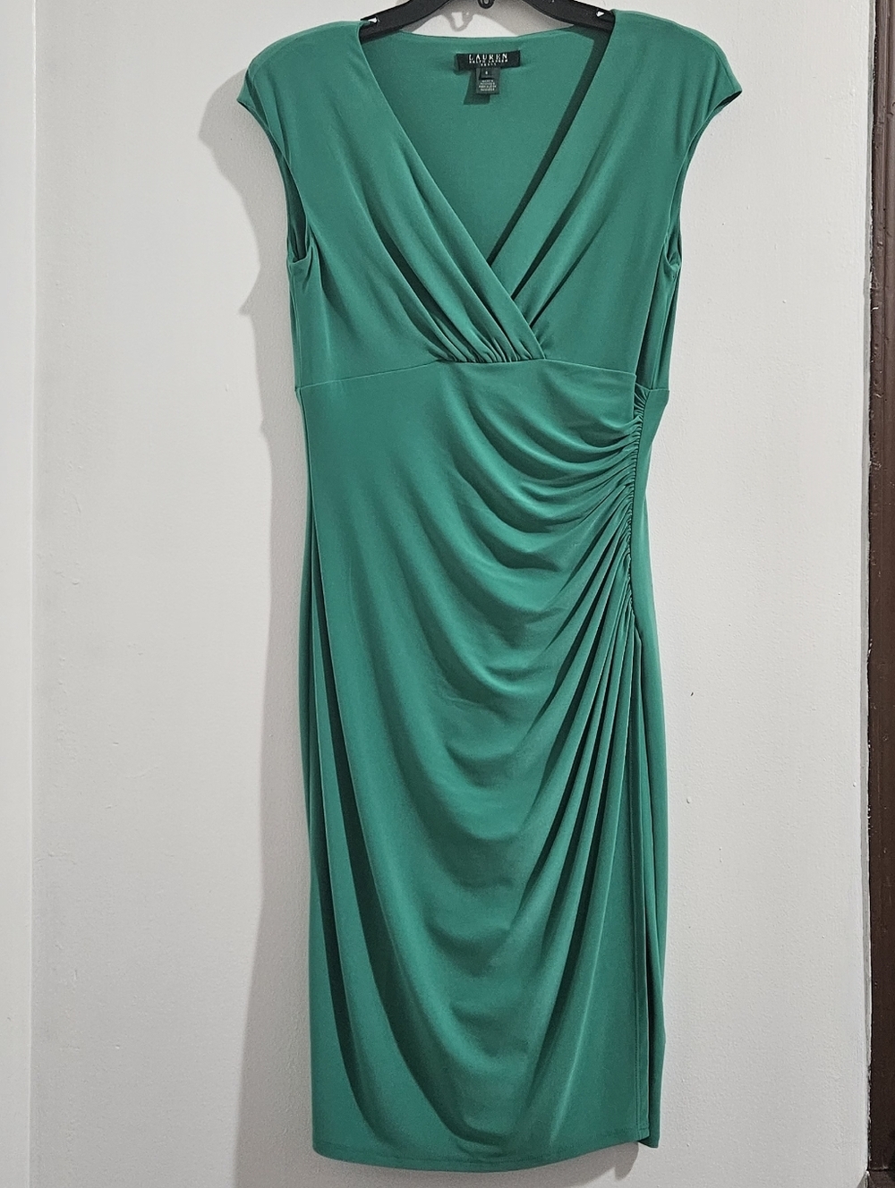 Lauren Ralph Lauren Faux-Wrap Green Ruched Sheath Dress - Size 6 - Picture 2 of 13